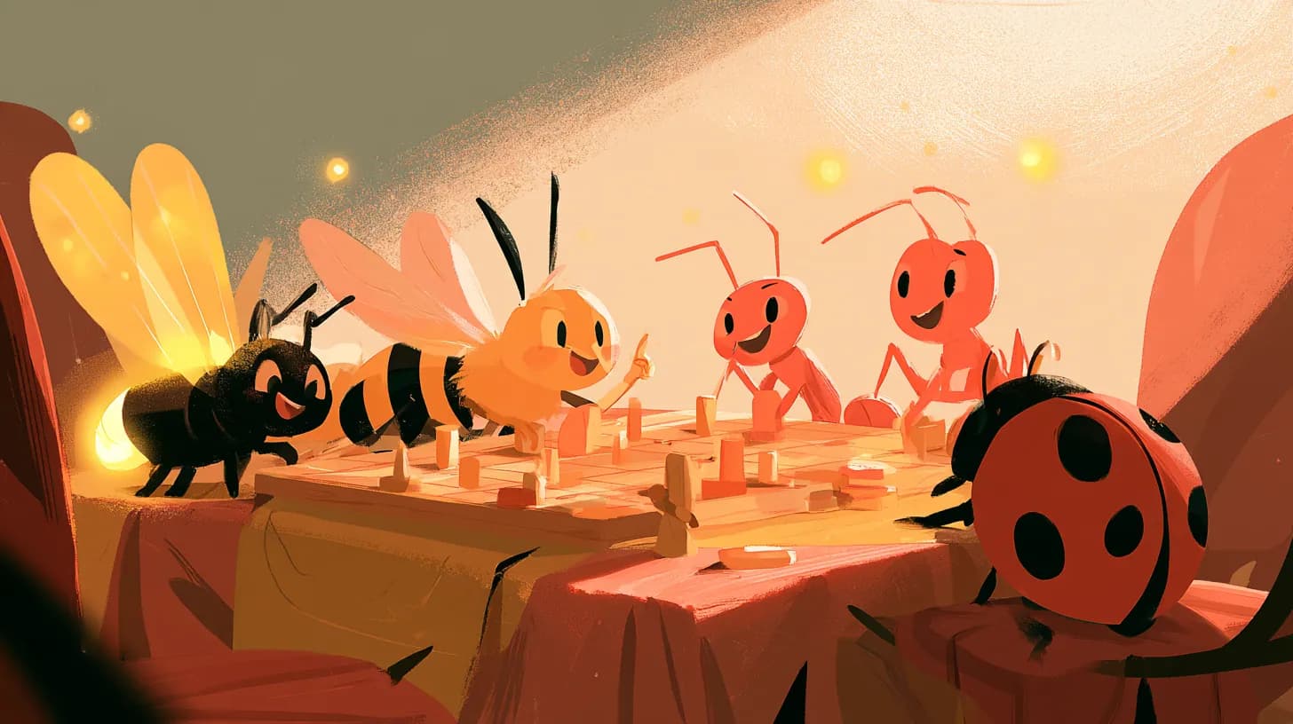 Illustration d’une abeille et de fourmis jouant à un jeu de plateau